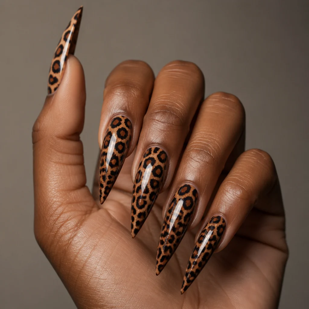 Long stiletto nails in bold all-over leopard print with sharp pointed tips and a glossy finish