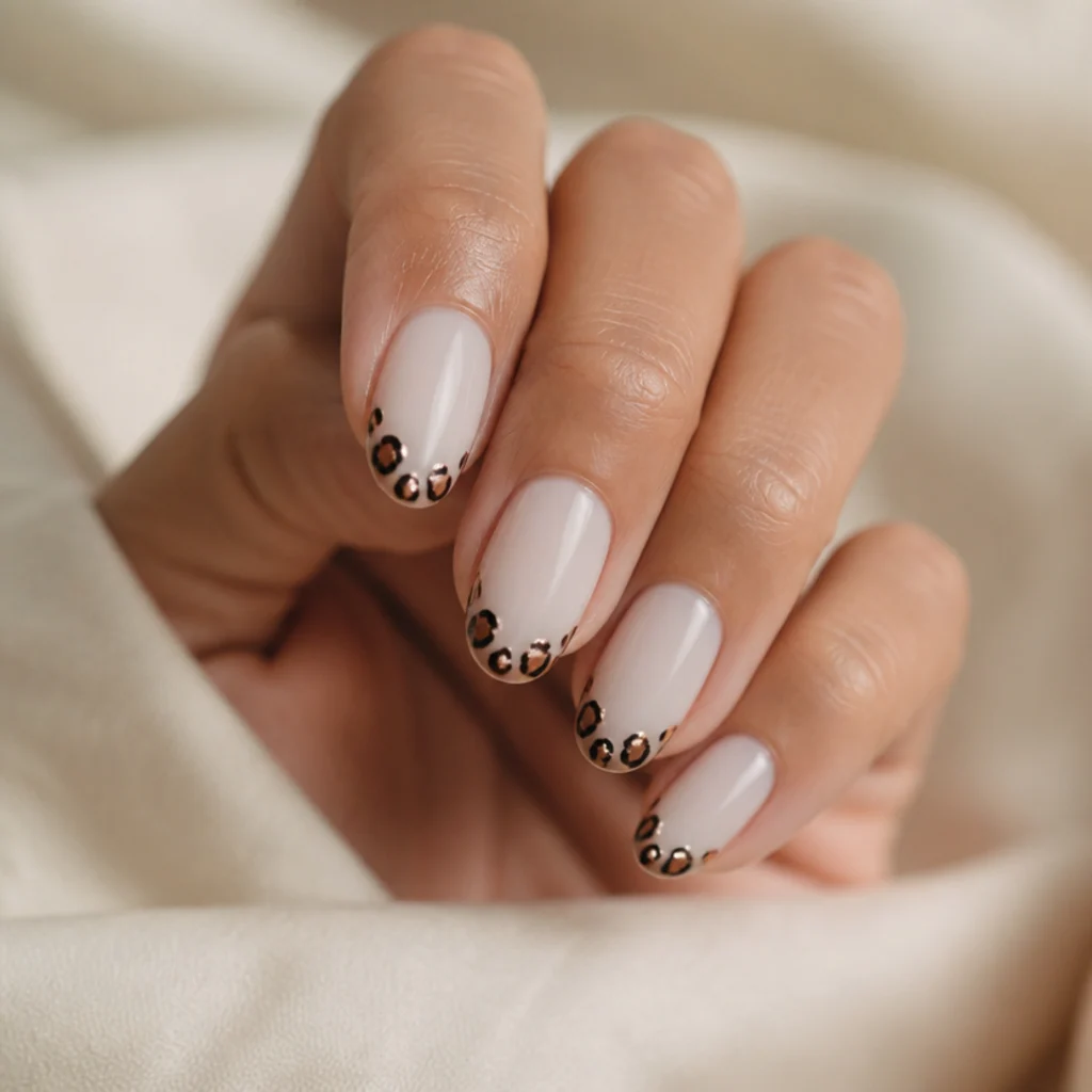 Short almond nails in a sheer milky white with small leopard spots concentrated only at the very tips