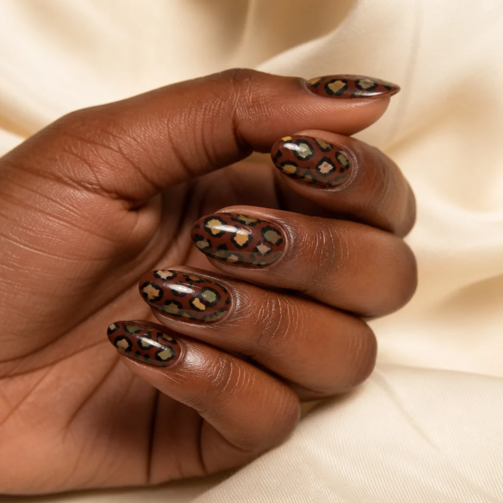 Almond nails in a rust-brown base with olive, mustard, and cream leopard spots for a fall palette