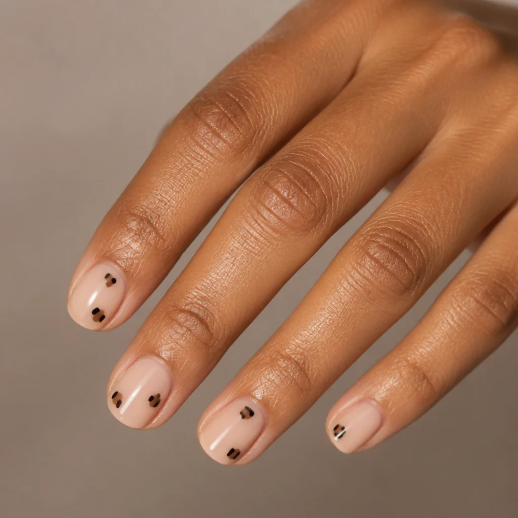 Short square nails in nude with tiny, sparse leopard spots for a subtle understated texture