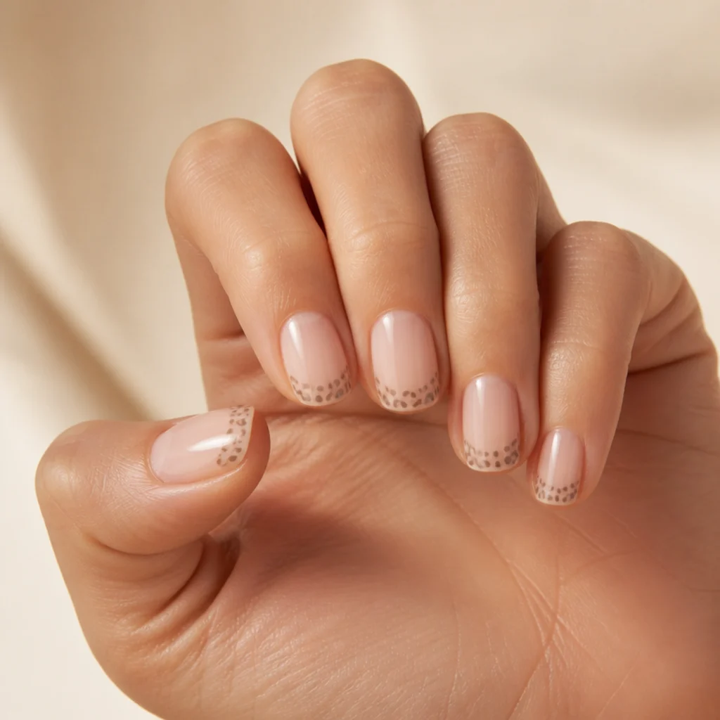Short natural nails with a clear glossy base and a few faint taupe leopard spots near the tips