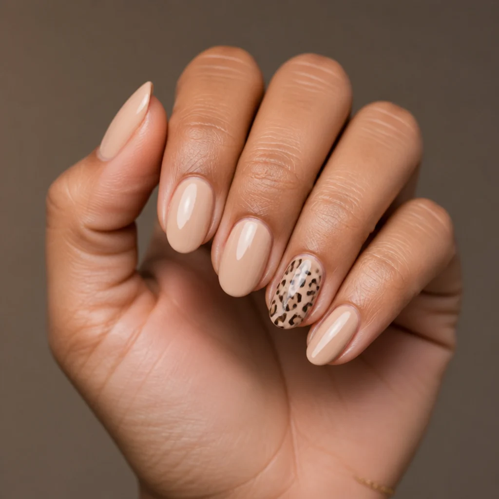 Oval nails in sheer beige with one accent nail carrying a small cluster of tan leopard spots