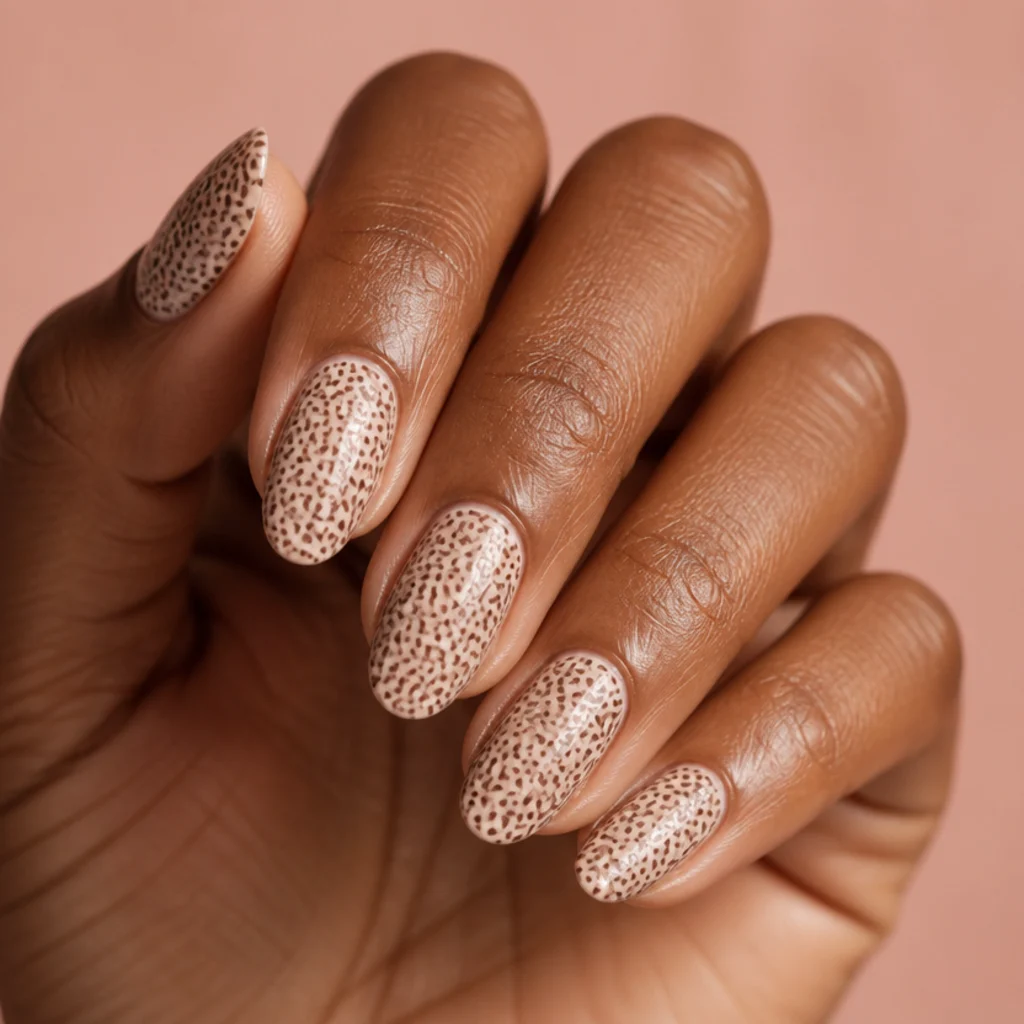 Almond nails in sheer nude with tiny closely spaced brown leopard spots across every nail