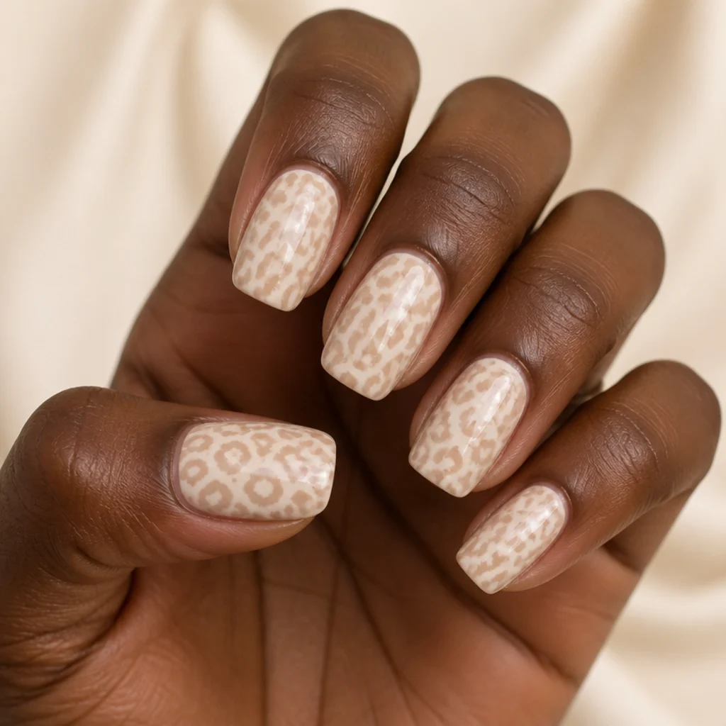 Squoval nails in soft milky white with tone-on-tone tan and beige leopard spots and glossy finish