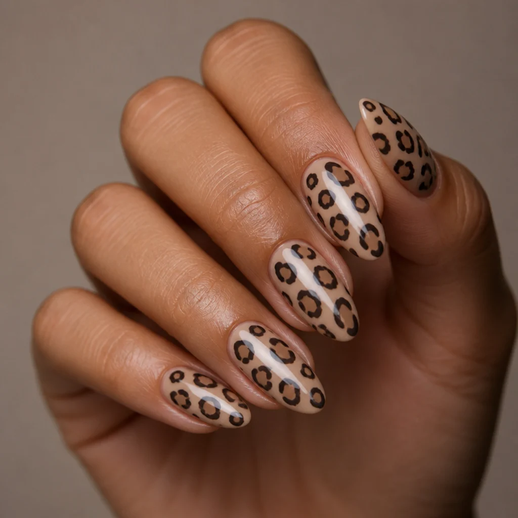 Almond nails in warm nude with tan spots outlined in dark chocolate brown leopard rosettes