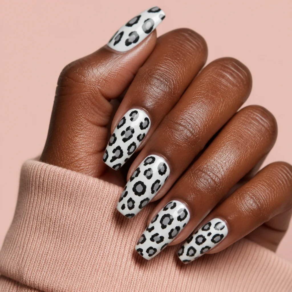 Coffin nails in bright white with black and gray leopard spots for crisp high-contrast print