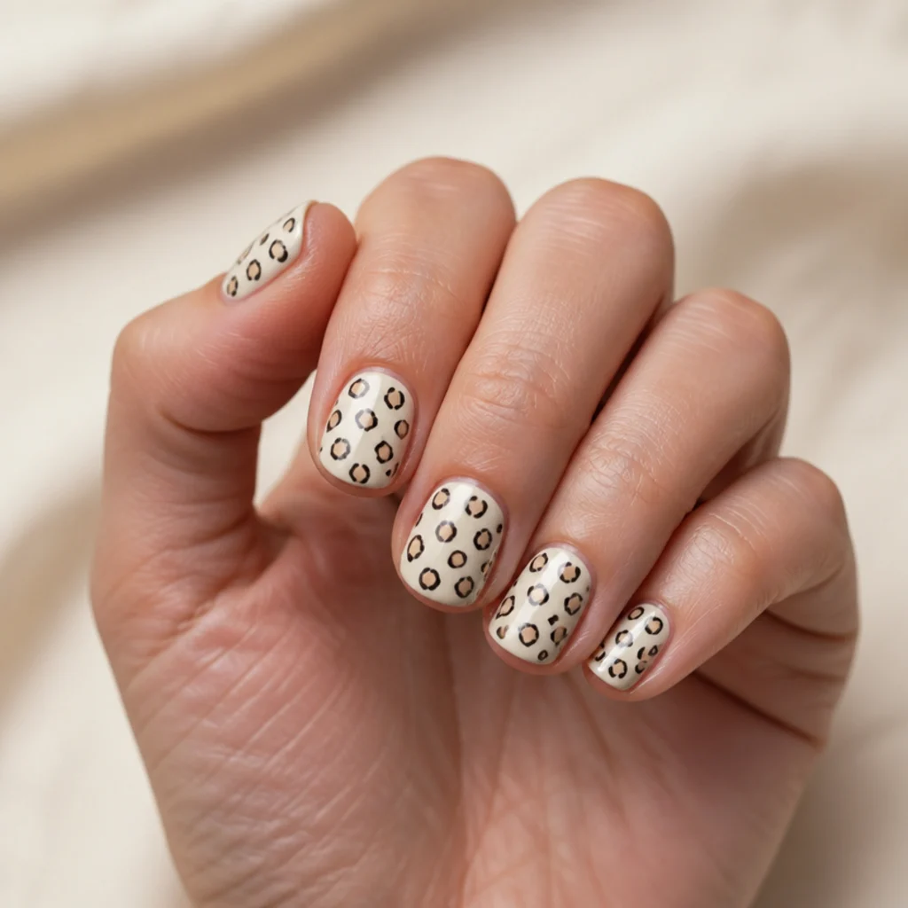 Short round natural-length nails in cream with small black-outlined leopard spots