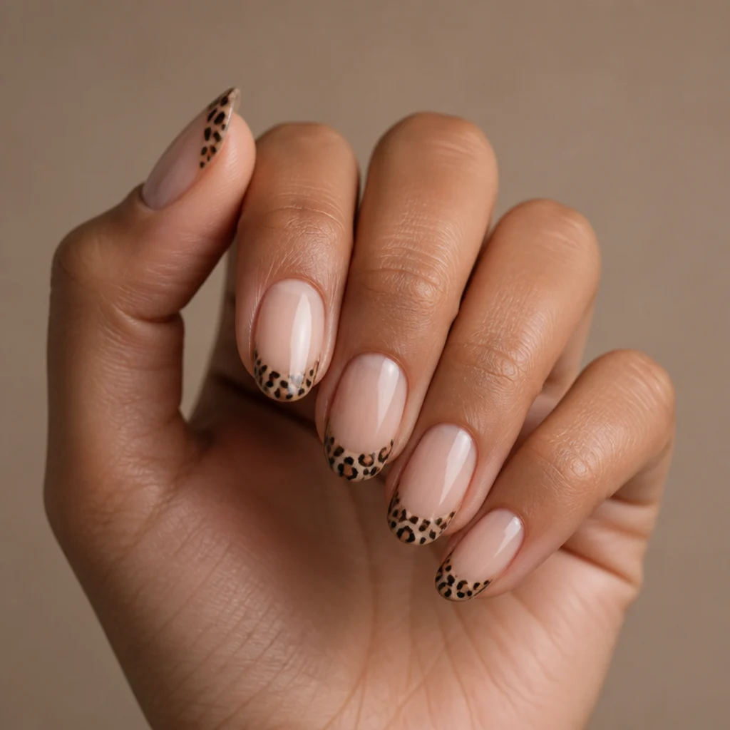 Oval nails with a sheer base and leopard-printed French tips in tan and black instead of a solid line