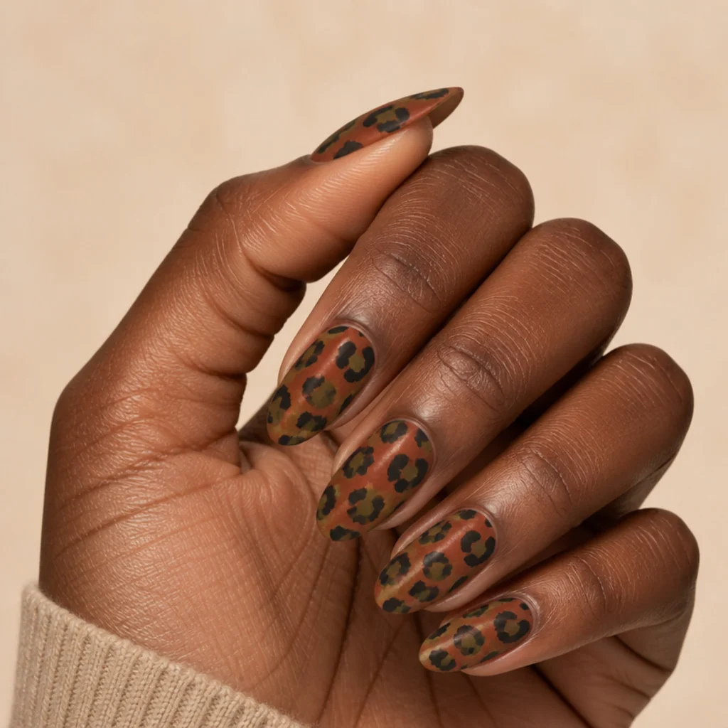 Almond nails in rust and caramel with olive and black leopard spots for a warm autumn palette