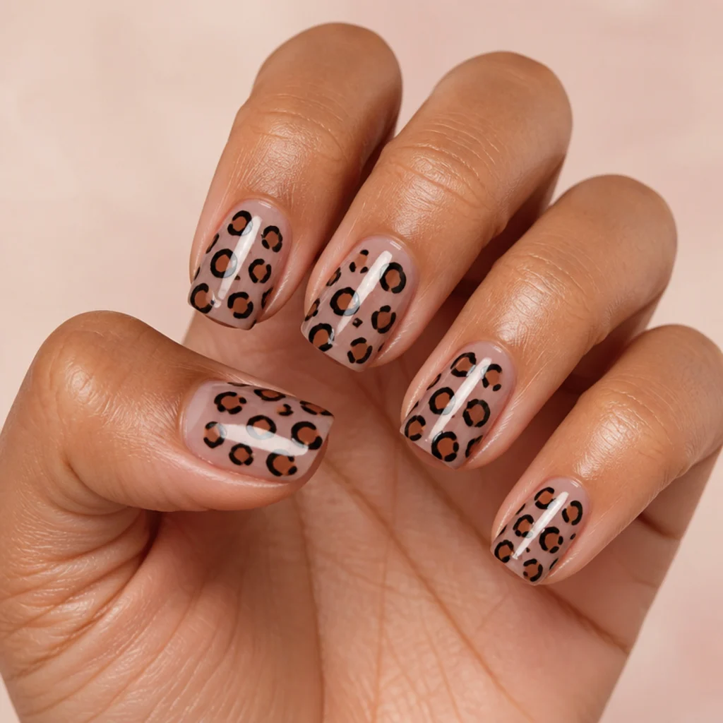 Squoval nails using the bare nail as negative space between black and brown leopard spots