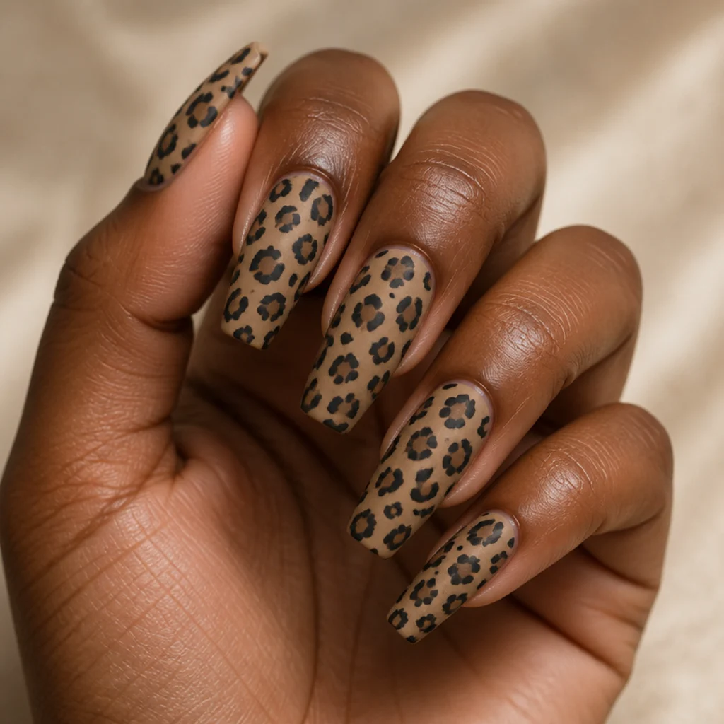 Coffin nails in tan with black leopard spots finished in a velvety matte top coat