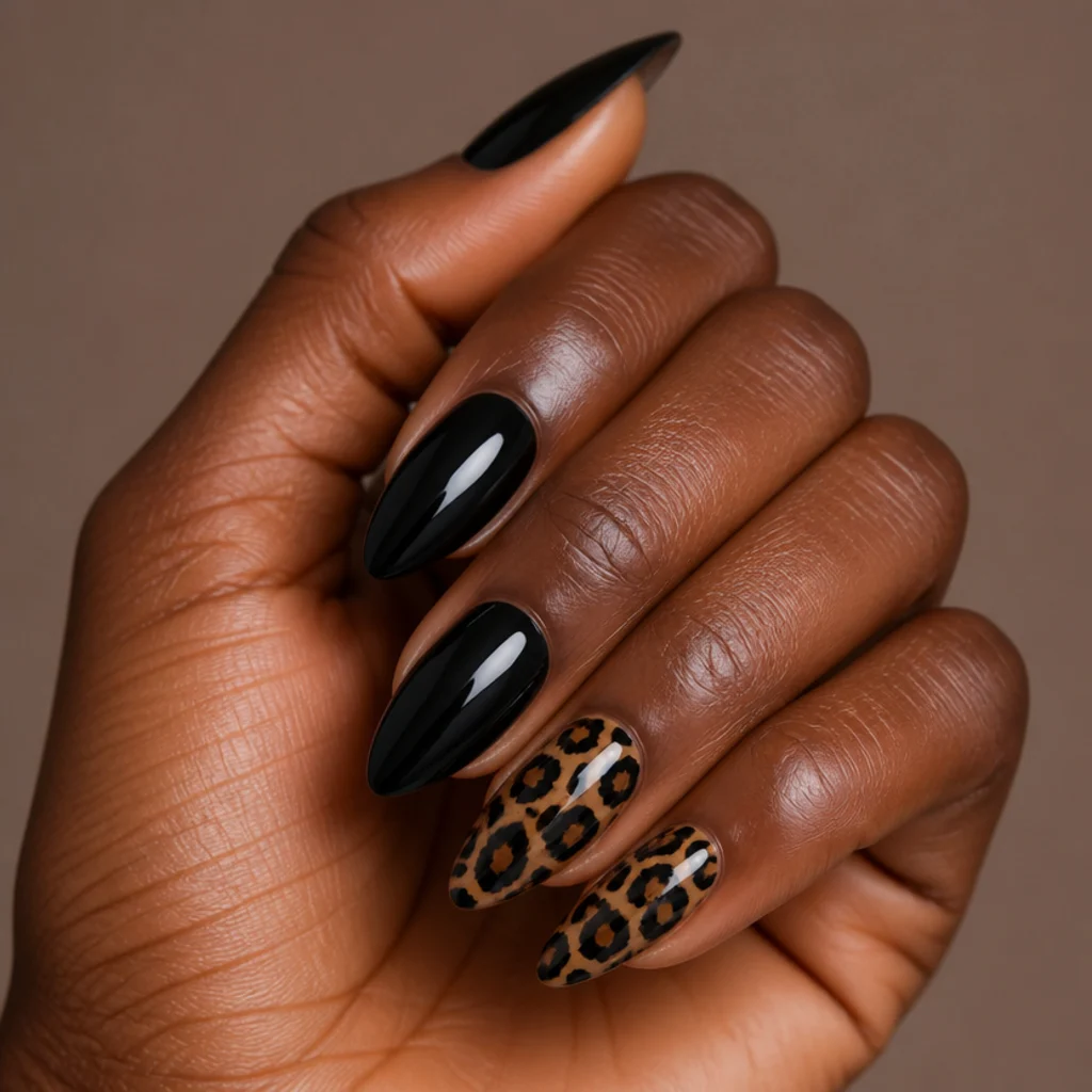 Almond nails mixing solid black nails with tan leopard-printed nails across one hand