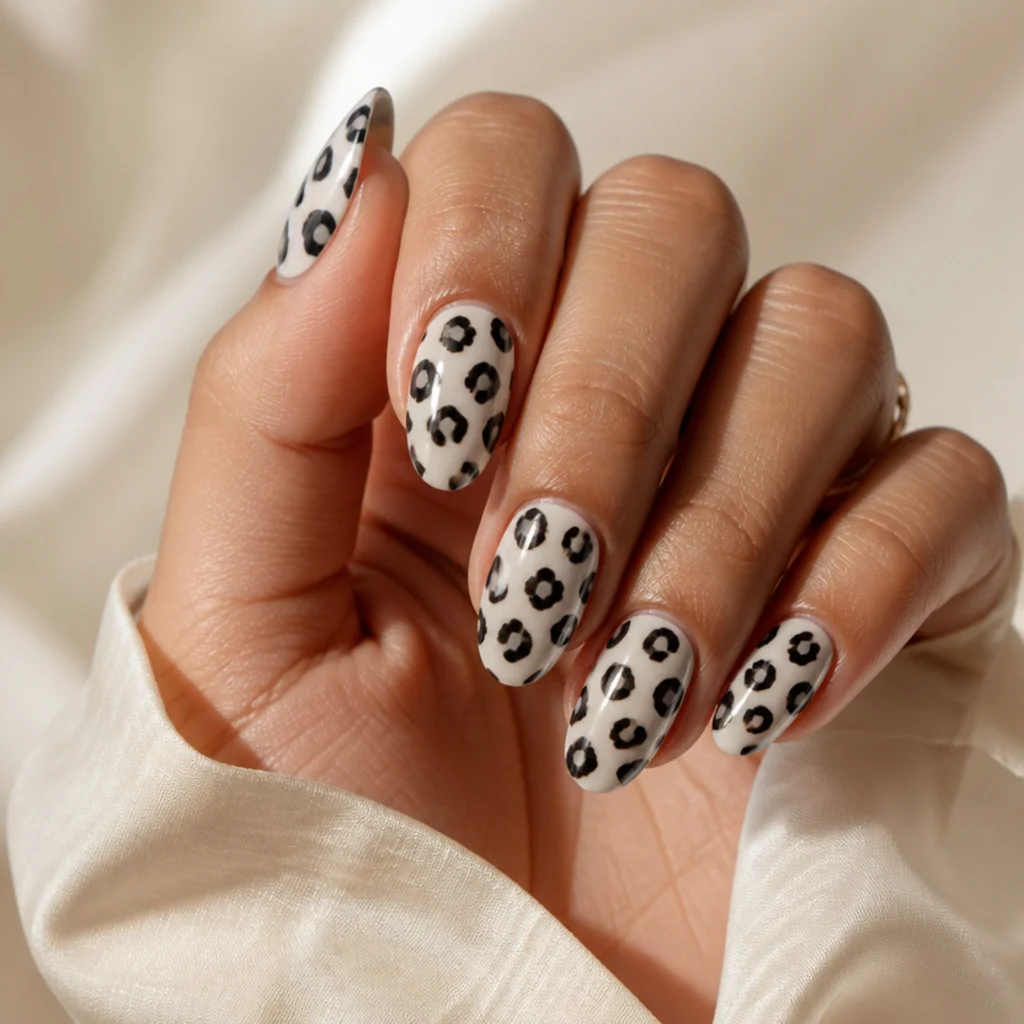 Almond nails in soft milky white with bold solid-black leopard spots for high contrast