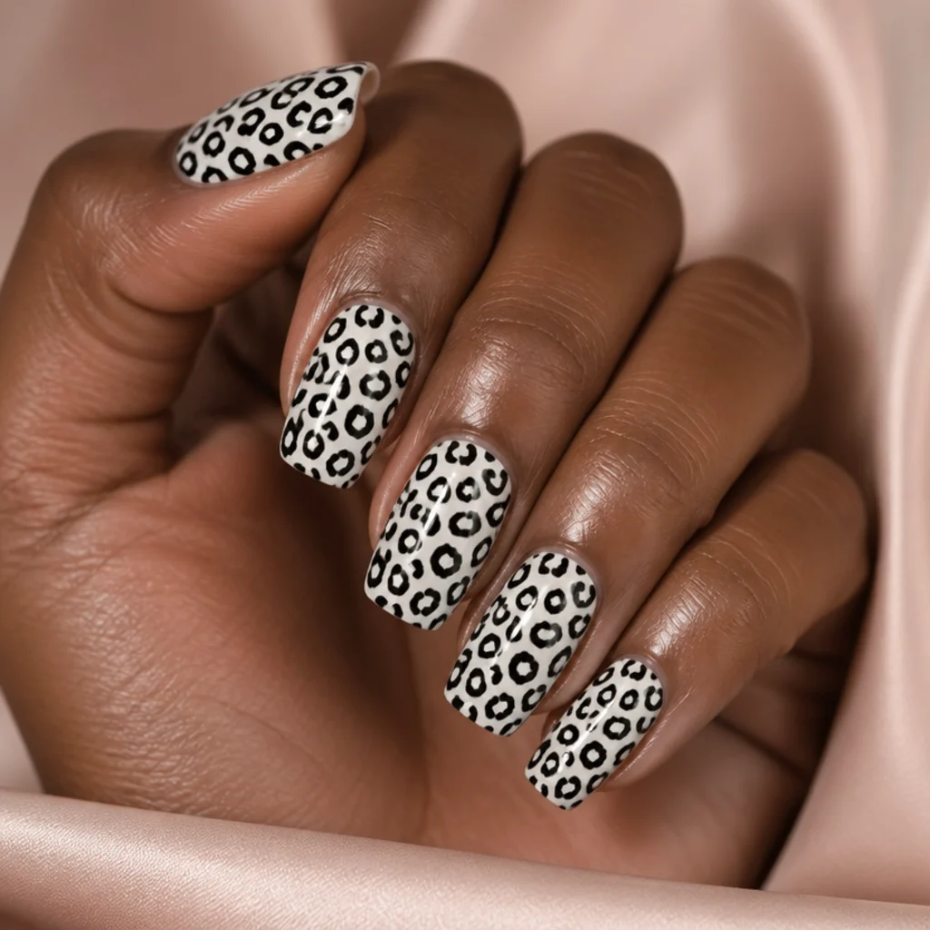 Squoval nails in crisp opaque white with dense solid-black leopard spots for graphic contrast