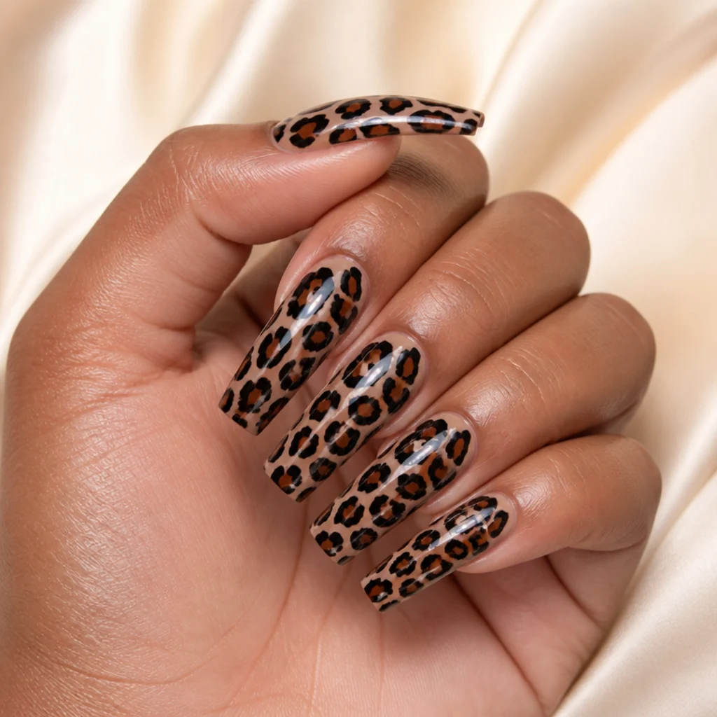 Long coffin acrylic nails in nude with full-coverage black and brown leopard print