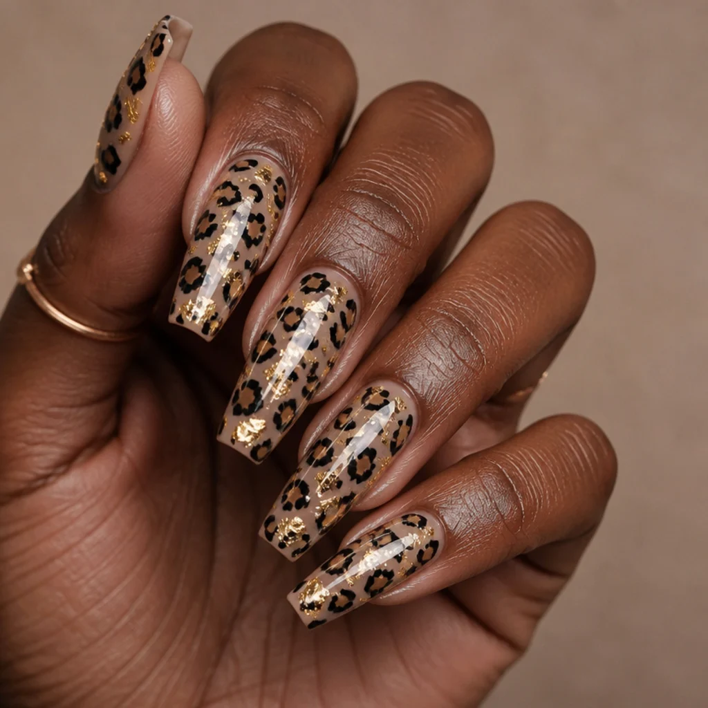 Coffin nails with black leopard spots accented by flecks of gold foil catching the light