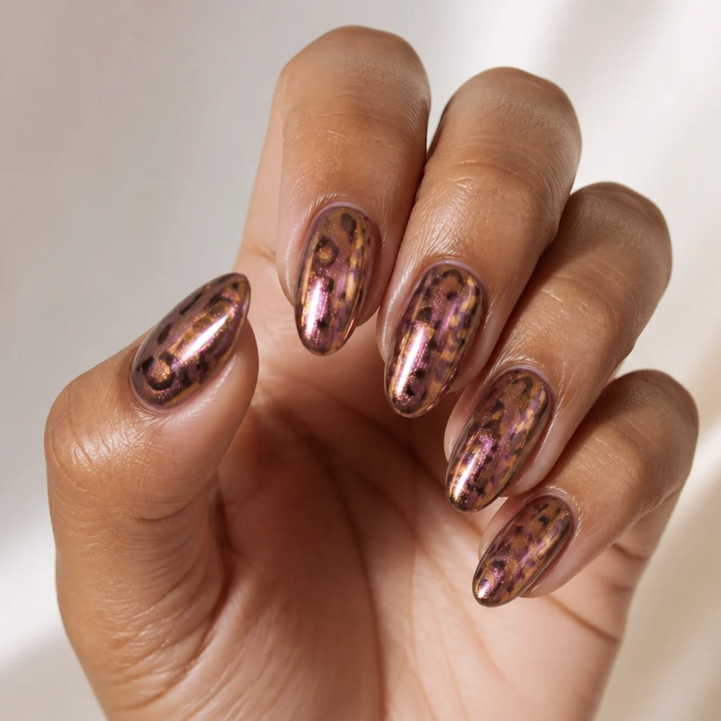 Almond nails with a mirror-chrome base and darker tonal leopard spots reflecting the light