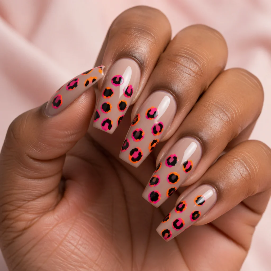 Coffin nails with black leopard spots outlined in bright neon pink and orange on a nude base