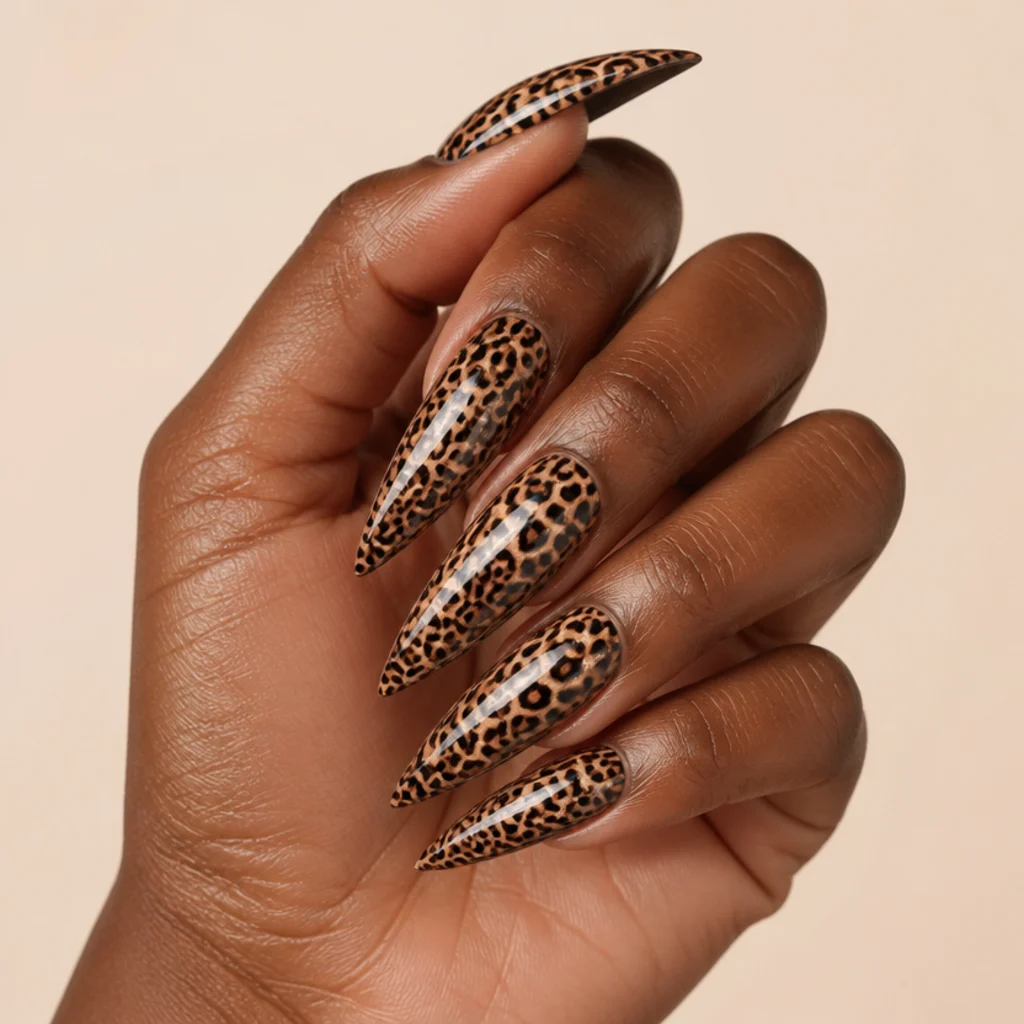 Long stiletto nails in nude with dense edge-to-edge black and brown leopard print