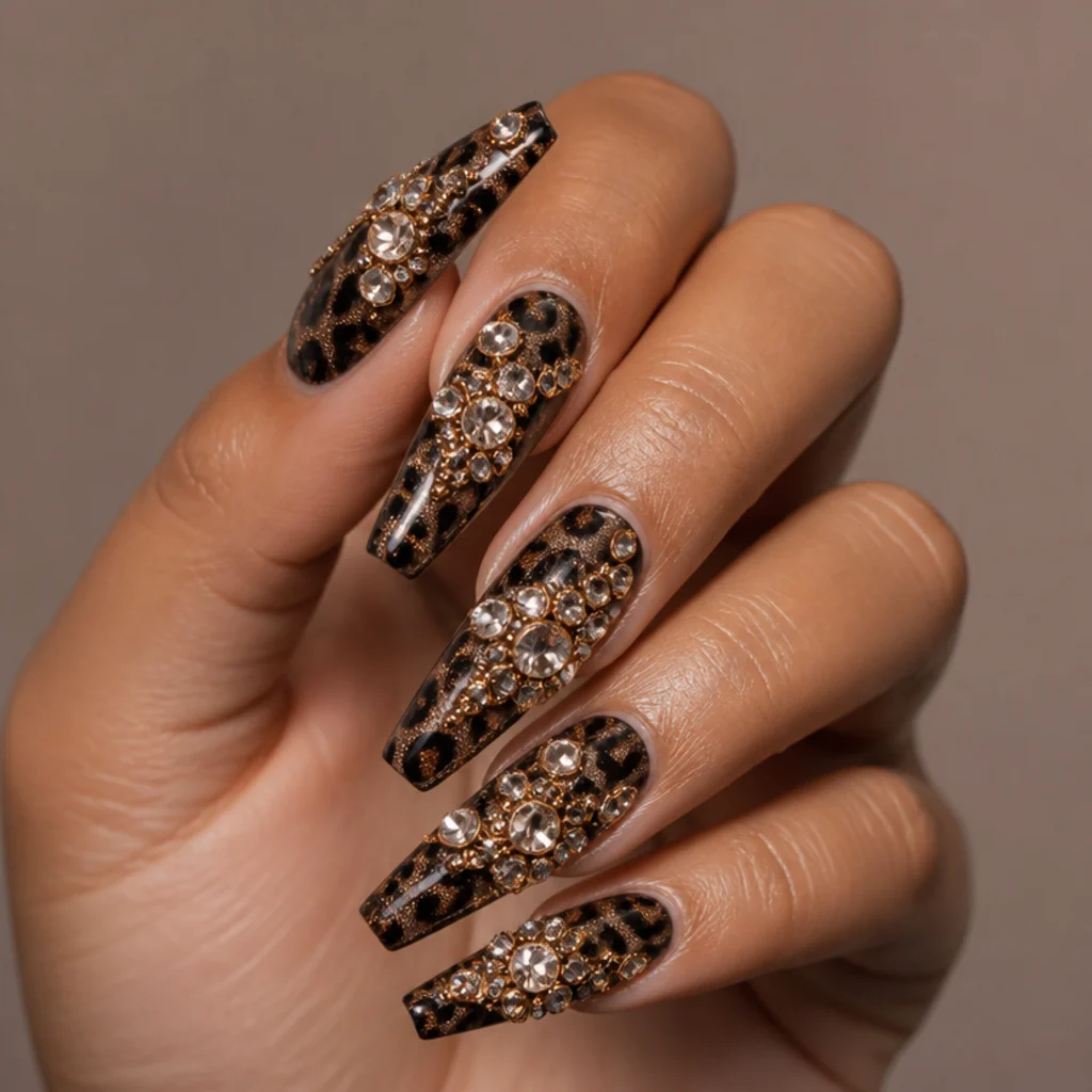 Coffin nails with full black leopard print layered with clustered rhinestones and gold accents