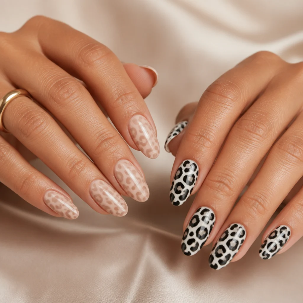 Two manicured hands side by side showing a soft nude leopard manicure beside a bold black leopard print set