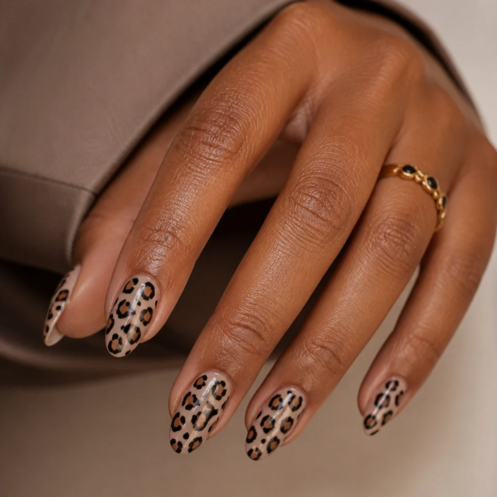 Close-up of manicured almond nails in nude with hand-painted brown and black leopard spots