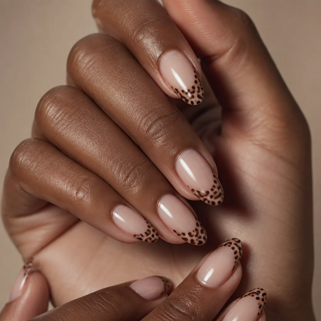 Almond nails with sheer warm-nude base and layered caramel and tan leopard spots outlined in espresso brown at the tips