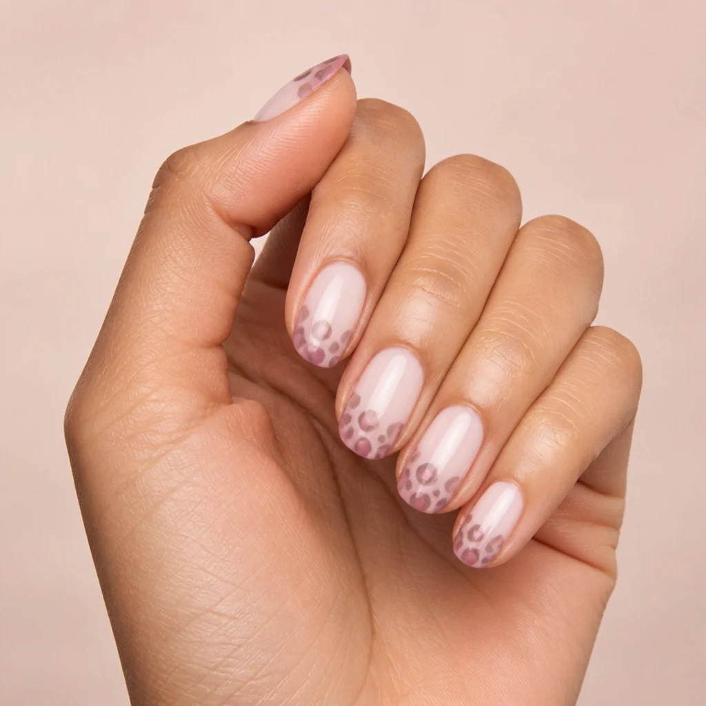 Short oval nails with milky semi-sheer pink base and rose and taupe leopard spots outlined in mauve at the tips
