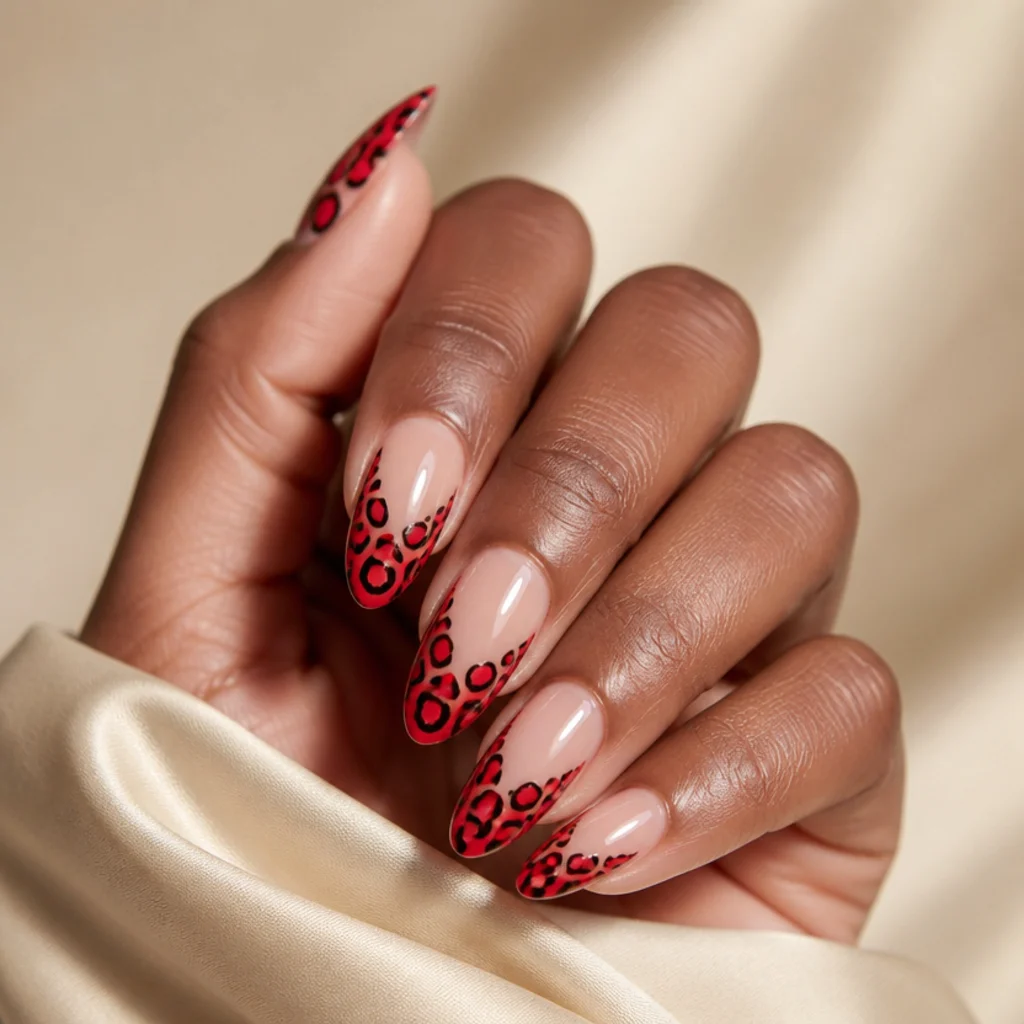 Medium almond nails with clear base and glossy warm-red leopard spots outlined in crisp black at the tips