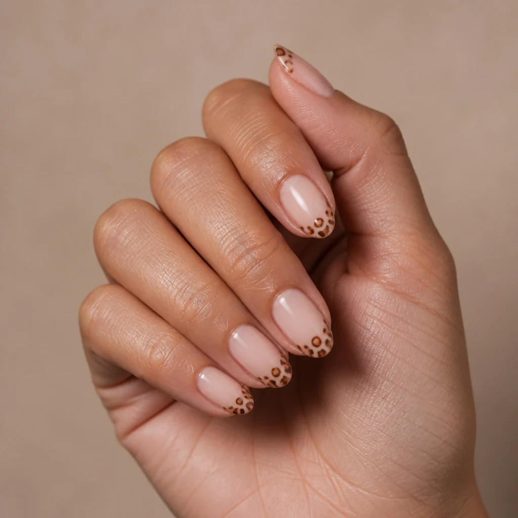 Short almond nails with warm nude base and a tight cluster of small caramel and brown leopard spots at the very tips