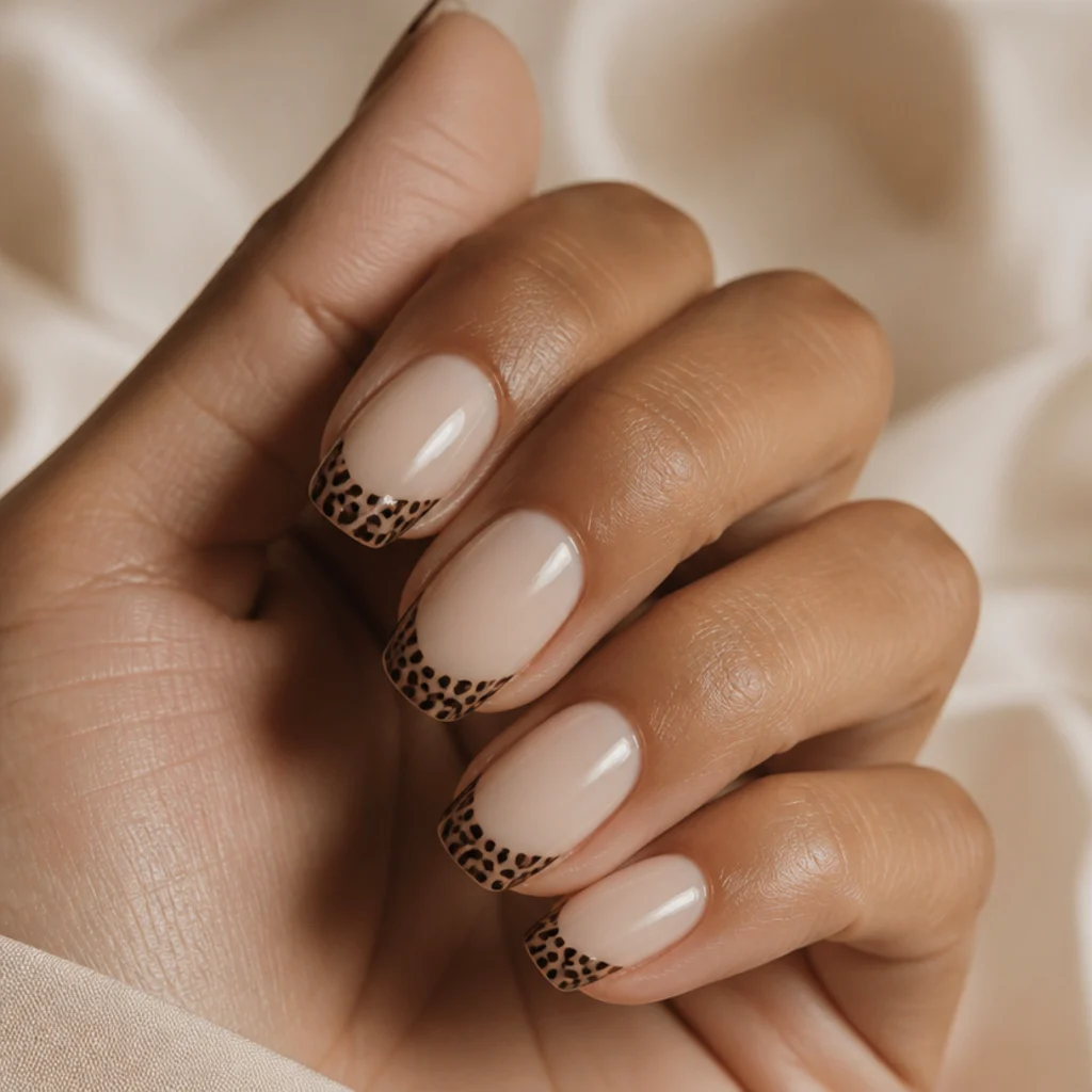 Squoval nails with soft beige base and finely detailed miniature leopard rosettes packed at the tips