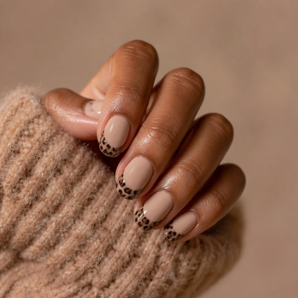 Medium oval nails with latte base and two-tone chocolate and mocha leopard spots at the tips