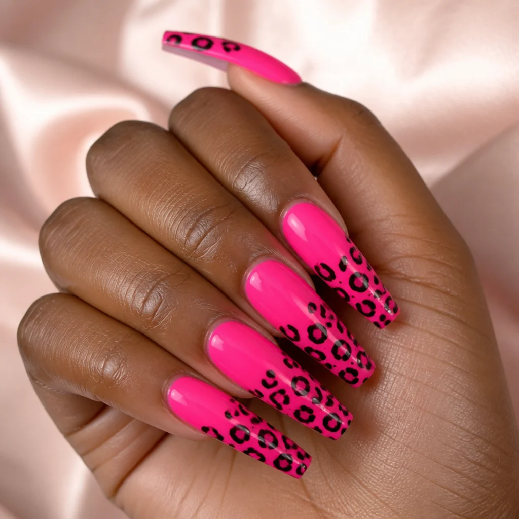 Long coffin nails with bright neon pink base over white underlayer and hot pink and black leopard spots at the tips