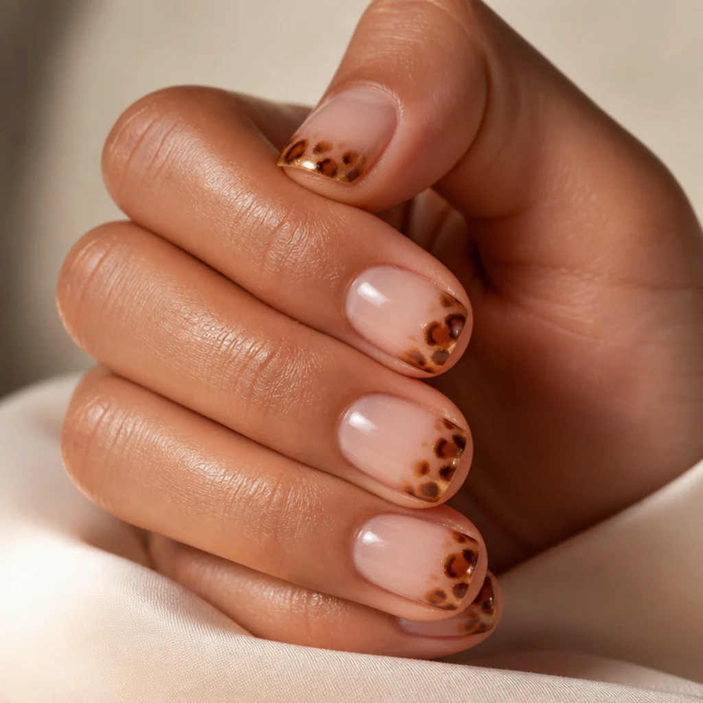 Short round nails with sheer tinted jelly base and translucent amber and honey leopard spots at the tips