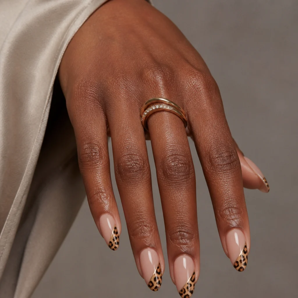 Almond nails with nude base and warm caramel leopard spots following a slanted diagonal french line