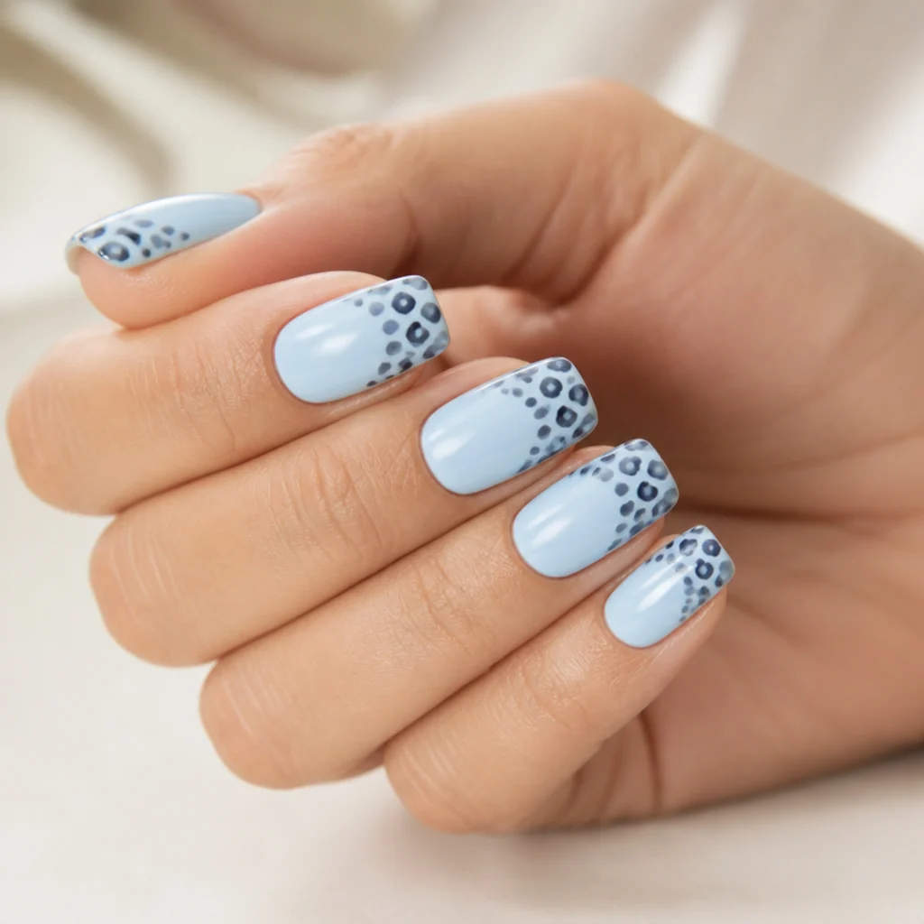 Squoval nails with soft baby blue base and cool grey and navy leopard spots at the tips