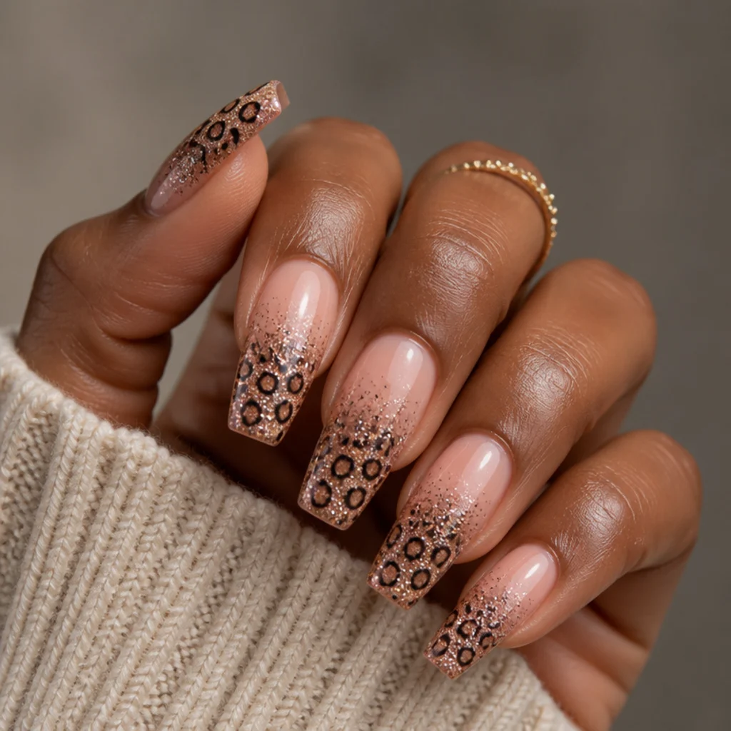 Coffin nails with nude to rose gold glitter ombre tips and leopard spots layered over the sparkle