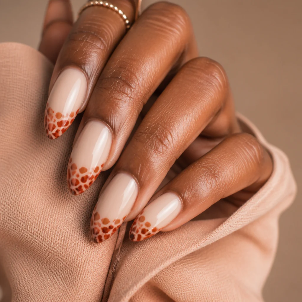 Almond nails with warm ivory base and rust, terracotta and burnt orange leopard spots at the tips