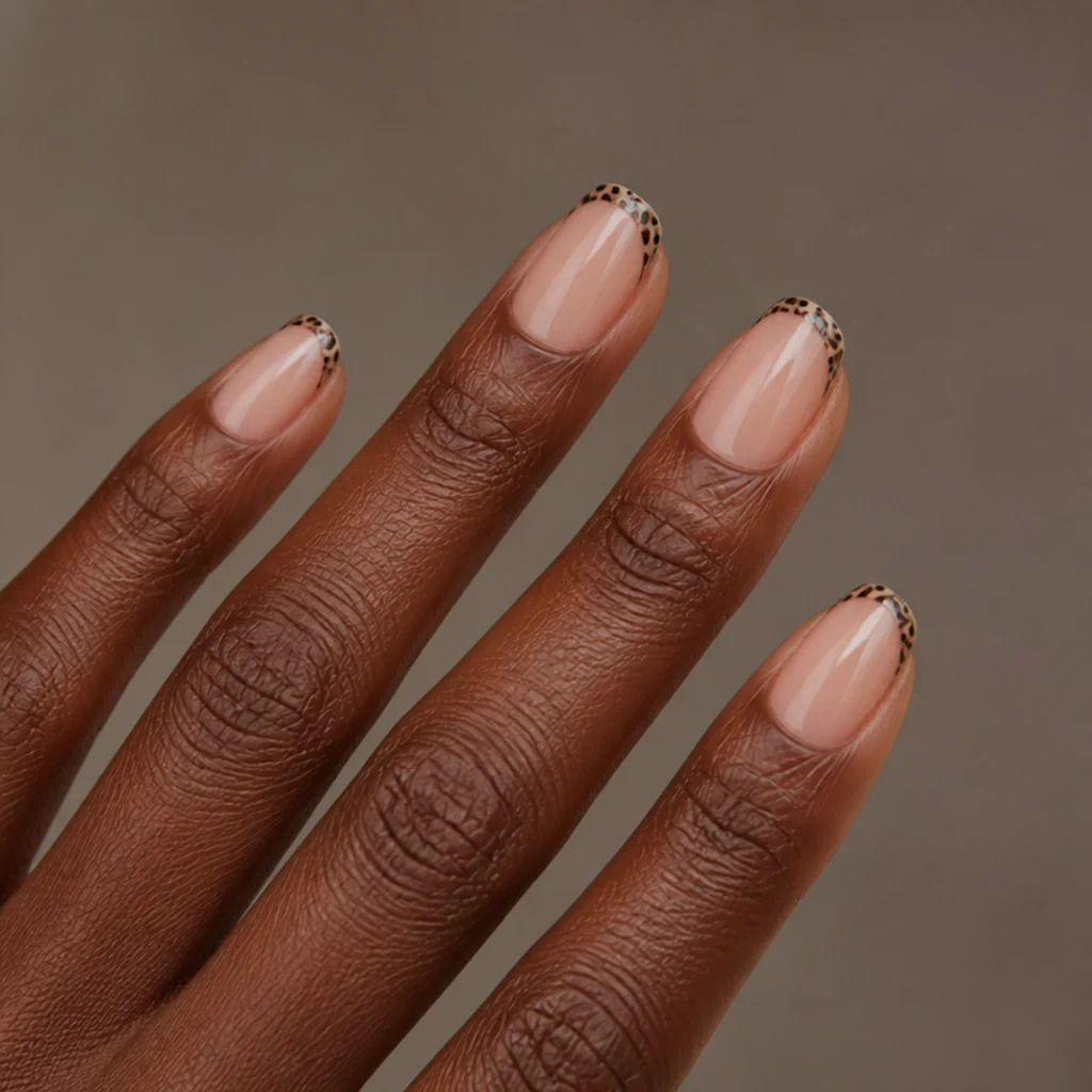 Short almond nails with clear base and a very thin leopard-printed micro french line at the tips