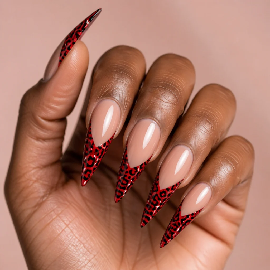 Long stiletto nails with clear base and glossy lipstick red leopard spots outlined in black at the sharp tips