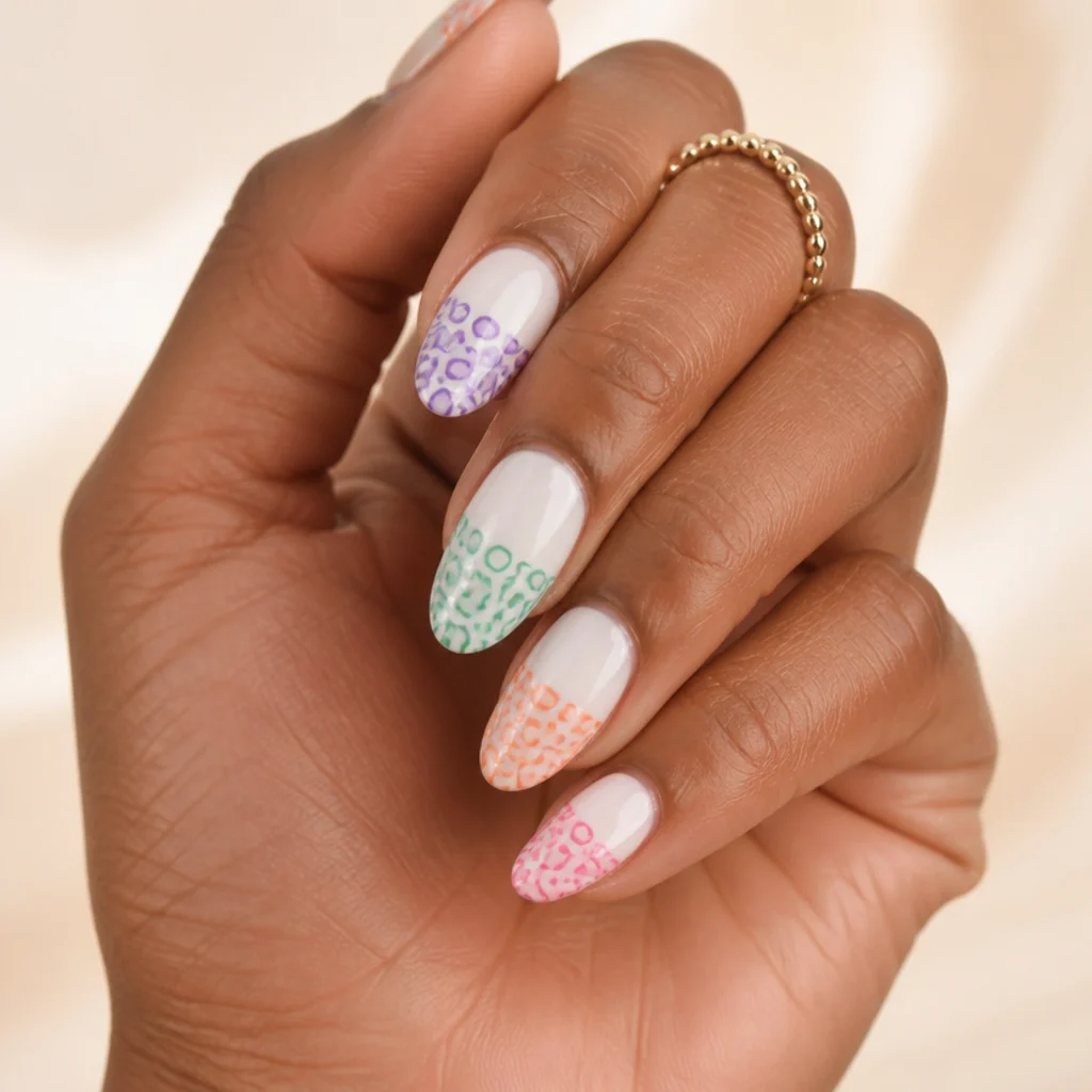 Oval nails with soft white base and multicolor pastel lilac, mint and peach leopard spots outlined in tonal shades at the tips