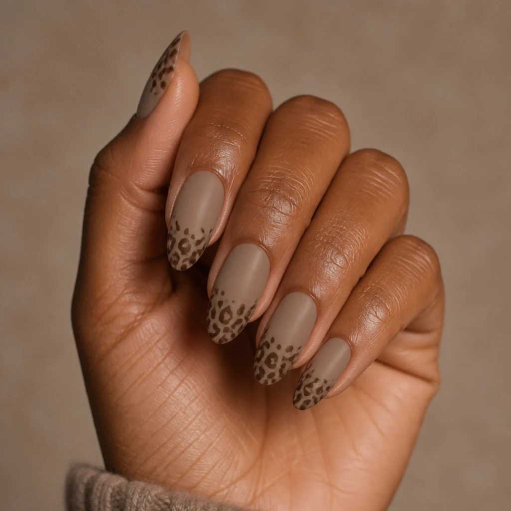 Medium almond nails with matte greige taupe base and darker matte brown leopard spots at the tips