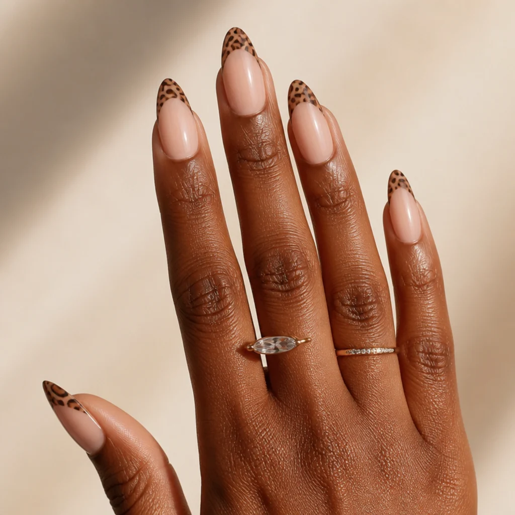 Close-up of manicured hand with almond leopard print french tip nails in soft nude and caramel tones