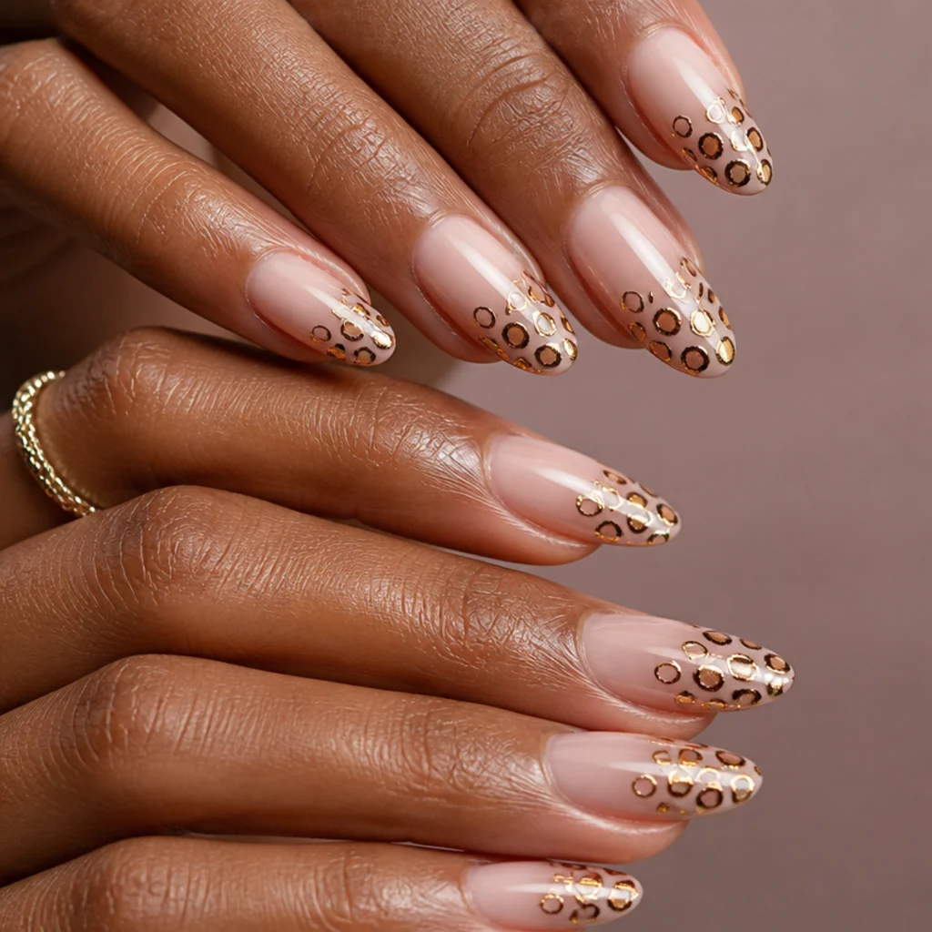 Almond nails with a blush pink to nude ombré base and delicate gold-outlined leopard spots scattered toward the tips