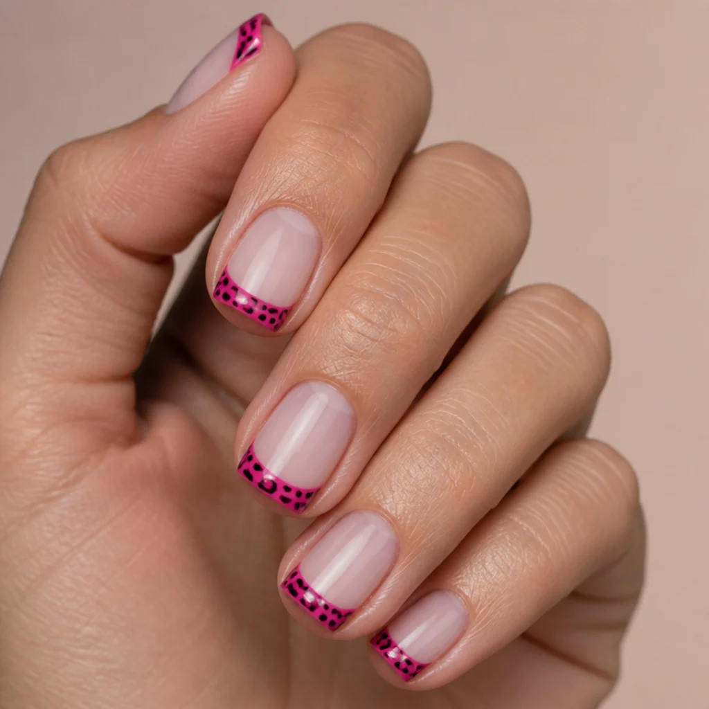 Square french manicure with saturated hot pink tips filled with fine black-outlined leopard spots on a clear base