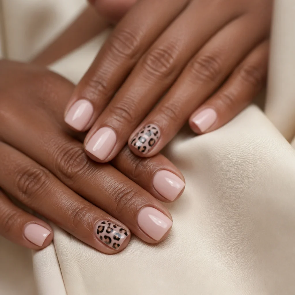 Short squoval nails in soft baby pink with a single hand-painted leopard accent nail on the ring finger
