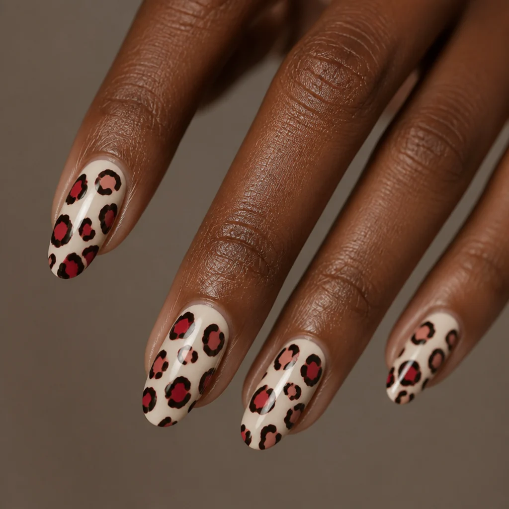 Medium almond nails mixing warm red and pink leopard spots with black outlines over a cream base