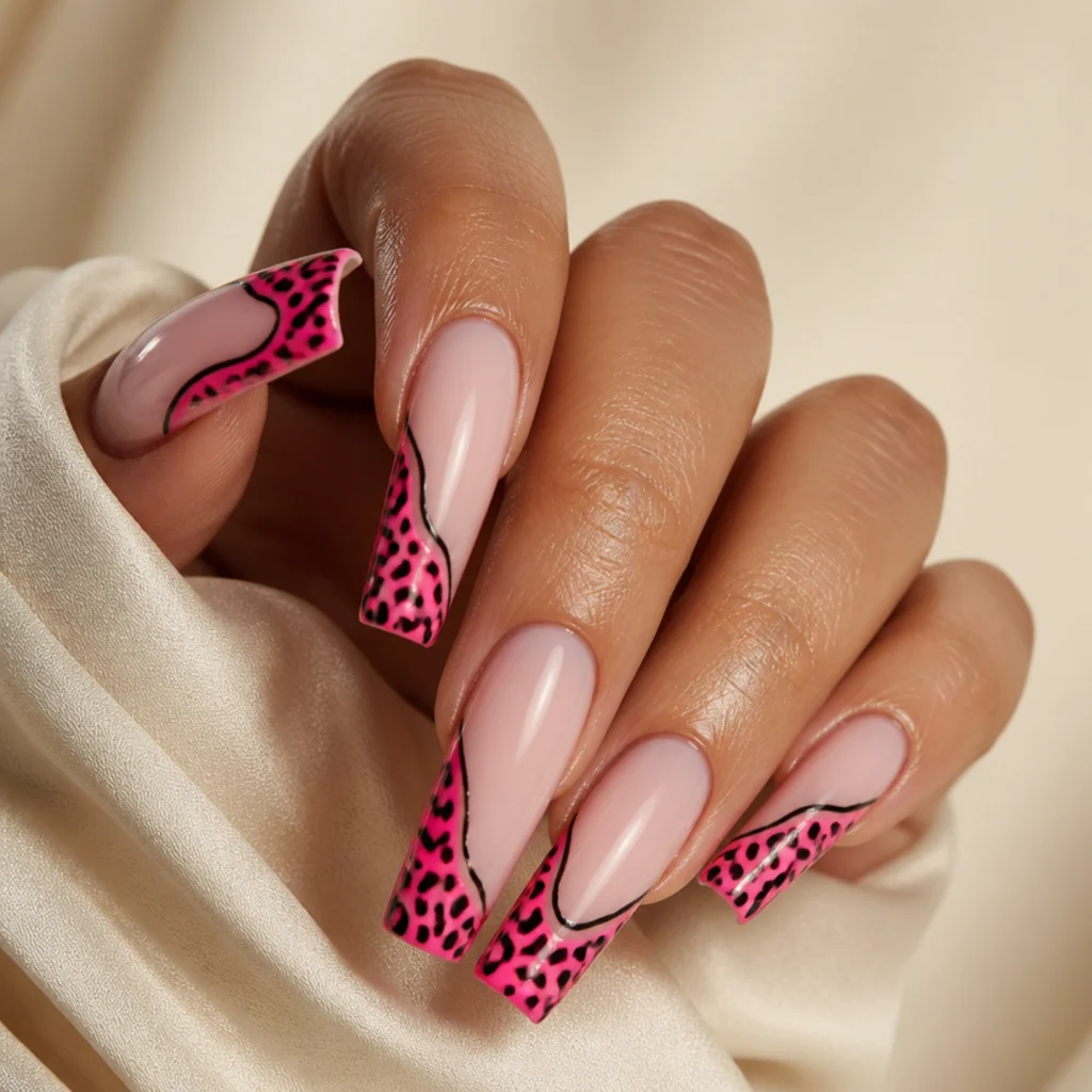 Long coffin nails with a skin-tone nude base and glowing neon pink leopard spots outlined in fine black