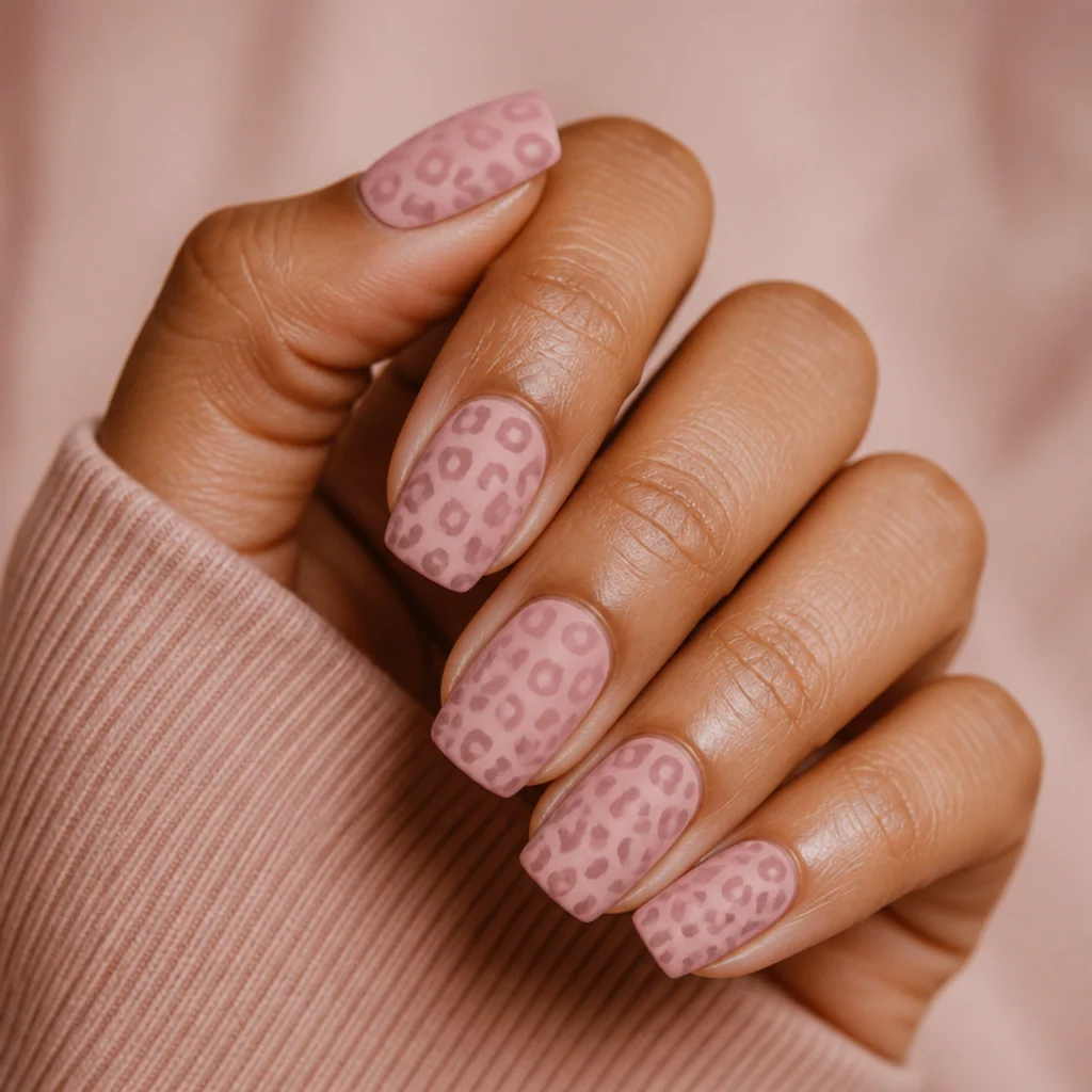 Squoval nails in matte pastel pink with soft-edged leopard print sealed under a velvety matte top coat
