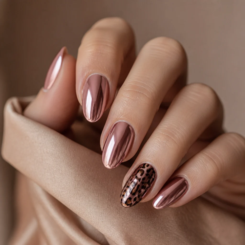 Almond nails in mirror-finish pink chrome with a single hand-painted leopard accent under glossy top coat